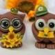 Wedding love bird owl cake topper, owl bride with glasses and peace sign, sunflower bouquet