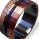 Titanium Ring with Copper and Oak wood and Dinosaur Fossil Inlays