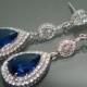 Bridal Royal Blue Chandelier Earrings Navy Blue CZ Wedding Earrings Dark Blue Silver Earrings Bridal Jewelry Blue CZ Halo Crystal Earrings - $35.90 USD