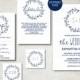 Wedding invitation template, Navy Classic Wreath Wedding Invite printable, Digital PDF, simple wedding invitation, editable text