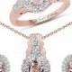 14K Rose Gold Ethically Mined Natural Peach Morganite Diamond Halo Engagement Ring Pendant Earrings Set