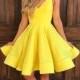 Cute V Neck Yellow Homecoming Dresses,Sleeveless Short Prom Dresses From SeventeenProm