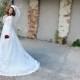 Vintage 1950s long sleeve wedding dress, sheer lace, train, white S SALE - Hand-made Beautiful Dresses