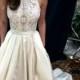 Elegant Halter Sleeveless Sweep Train Ivory Satin Wedding Dress With Lace Pockets