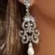 NICOLA - Vintage Inspired Silver Rhinestone And Swarovski Pearl Bridal Chandelier Earrings