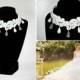 White wedding choker necklace with crystals and beads Statement necklace Bridal lace necklace Crystal beaded necklace Wedding Lace jewelry