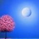 Cherry Blossom Tree Art Print, Whimsical Pink Tree at Night, Photo Print of Oil Painting, Affordable Art Gift, Blue Night Sky, Dreamscape