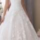 Strapless Corded Lace Applique Tulle And Organza Over Taffeta Wedding Gown