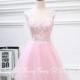 Pink Tulle Ivory Lace Appliqued Homecoming Dresses,Open Back Sweet 16 Dresses,Short Prom Dresses - Hand-made Beautiful Dresses