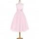 Candy_pink Azazie Rudy JBD - Back Zip Boatneck Satin And Tulle Tea Length Dress - Charming Bridesmaids Store