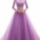 Stylish Crop Top Illusion Natural Court Train Tulle Violet Long Sleeve Zipper Wedding Dress - Top Designer Wedding Online-Shop