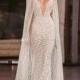 Real Photo Sexy Wedding Dresses With Cape 2017 Berta Bridal Spagetti Strap Deep V Neck Full Embellishment Sweep Train