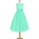 Turquoise Azazie Rudy JBD - Back Zip Satin And Tulle Tea Length Boatneck Dress - Cheap Gorgeous Bridesmaids Store