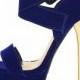 Qupid Count-27 Royal Blue Buckle Velvet Heels 