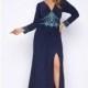 Navy/Multi Fabulouss 77210F - Plus Size Sleeves Long High Slit Jersey Knit Dress - Customize Your Prom Dress