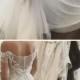 Vintage Elegant Long Wedding Dress Deep V-Neck Half Sleeves See Through Back Court Train Vestido Branco Bridal Dress