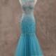 Charming Bateau Train Tulle Blue Glow Sleeveless Evening Dress with Beading - Top Designer Wedding Online-Shop