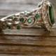 Green Emerald Vine Ring In 14K White Gold With Diamonds In Flower Buds & Leafs Size 6