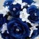 Wedding Bouquet, Royal Blue Rose Brides Bouquet, Bling Bouquet, Silk Bridal Flowers