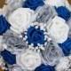 Royal Blue Wedding Bouquet, White Bridal Bouquet, Blue And White Roses Bouquet With Crystals, Silk Flower Wedding Bouquet, Alternative