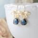 Navy Blue Earrings, Sapphire Blue Earrings with Gold Orchid Flower, Navy Wedding Jewelry, Bridesmaid Earrings, September Birthstone Jewelry