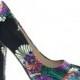 OgdenA Black By Not Just A Pump, Retro Block Heel Pump W Floral Stitching Embroidery Pattern & Pointed Toe