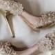 Vintage Flower Lace Wedding Shoes With Champagne Gold Applique Crochet Bridal Satin Pumps Shoes