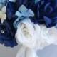 17 Piece Package Wedding Bridal Bride Maid Honor Bridesmaid Bouquet Boutonniere Corsage Silk Flower DARK BLUE WHITE "Lily Of Angeles" WTBL02