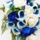 Cascade Bridal Bouquet Blue Picasso Callas Real Touch White Royal Blue Roses, Blue Rhinestones - Customize for your Colors