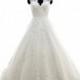 Modern A-Line Queen Anne Natural Court Train Tulle Ivory Sleeveless Key Hole Wedding Dress with Appliques - Top Designer Wedding Online-Shop
