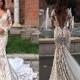 Modest Lace Mermaid Wedding Dresses With Long Sleeves V-Neck Trumpet Illusion Backless Bridal Gowns Sweep Train Wedding Dress