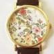 Autumn Fall Floral Watch, Vintage Style Leather Watch, Women Watches, Unisex Watch, Boyfriend Watch, Black, Tan