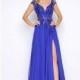 Deep Emerald Cassandra Stone 50390A - A Line Cap Sleeves Long Chiffon High Slit Open Back Dress - Customize Your Prom Dress