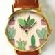 Cactus Plant Watch , Cactus Jewelry , Vintage Style Leather Watch, Women Watches, Succulents , Men's Watch, Cactus Print, Watches, Gift