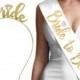 Gold Bride Set - Luxury Satin sash & Metallic Gold Bride Headband,  Bride Gift, Bridal Shower Gift, Bachelorette Party Sash, diamond tiara