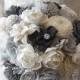 Free Shipping ~ Ready to Ship ~ Light Grey & Charcoal Grey Sola Flower Wedding Bouquet, Peony Sola Bouquet with Rhinestones