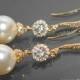 Pearl Gold Bridal Earrings Ivory Pearl Gold CZ Chandelier Wedding Earrings Swarovski 10mm Pearl Drop Dangle Earrings Bridesmaids Jewelry - $33.50 USD