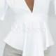 White Peplum Top Low Cut Backless Bow Spandex Blouse For Women