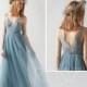 Bridesmaid Dress Dusty Blue Tulle Wedding Dress,Illusion V Neck Maxi Dress,Open Back Prom Dress,Lace Applique Long Evening Dress(LS360)