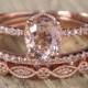 Sale 2 carat Antique Milgrain Oval Shape Morganite & Diamond Trio Ring Set in 10k Rose Gold with One Halo Engagement Ring 2 Wedding Bands