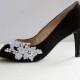 Black satin white lace wedding shoes, black wedding heel, flower lace bridal shoes, mid heels bridesmaid shoes, floral lace black peep toe