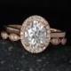Rose Gold Oval Moissanite Engagement Ring - Scalloped Diamond Band - Wedding Ring Set