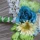 Silk Bridal Bouquet, Silk Flower Bouquet - Spring/Summer Wedding, Ivory Rose, Blue Rose, Yellow Daisy, Green Ranunculus,Teal Blue, Aqua Blue