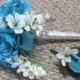 Blue Rose Bouquet, White Rose Silk Bridal Bouquet, Cascade,Boutonniere, Silk Flower Bouquet, Teal Blue Roses, Rhinestone
