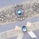 Wedding Garter Set, Crystal Rhinestone Pearl Keepsake / Toss Garters, Something Blue, Off White / Ivory Stretch Lace Bridal Garter