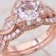 6.5mm Round Cut Morganite Vintage Art Deco Halo Engagement Ring with Wedding Band in 14K Rose Gold