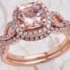 8x8mm Cushion Cut Peach Morganite Halo Engagement Ring with Wedding Band in 14K Rose Gold