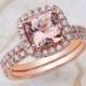 8x8mm Cushion Cut Peach Morganite Engagement Ring with Wedding Band in 14K Rose Gold