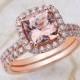 8x8mm Cushion Cut Peach Morganite Engagement Ring with Wedding Band in 14K Rose Gold