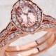 8x6mm Oval Cut Morganite Halo Scalloped Engagement Ring with Wedding Band in 14K Rose Gold